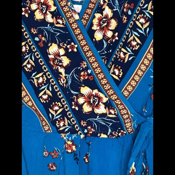 XHILARATION Blue Turquoise Bohemian Floral Romper Tie-Waist w Pockets! size XS - Picture 2 of 4